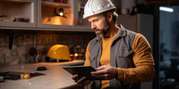 constructor mostrando avances de obra a interiorista en Madrid.