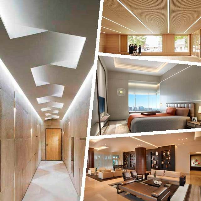 falso techo técnico con iluminación indirecta en vivienda de lujo en Madrid.